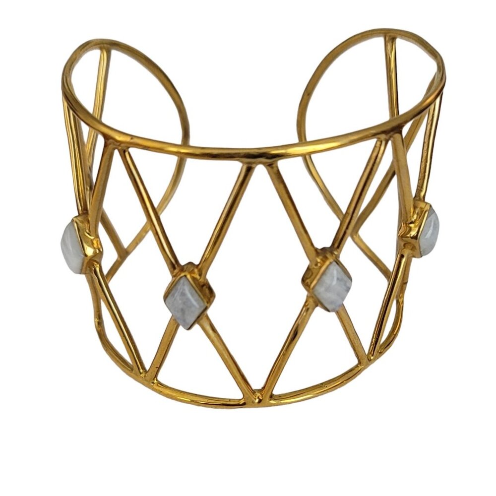 Gold Tone Designer Marked Open Lattice Style Bezel Set Stones Cuff Bracelet K327
